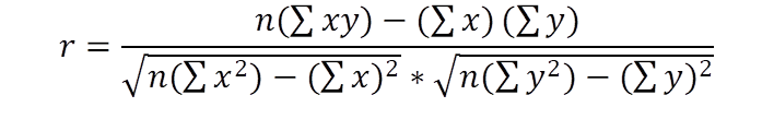 r=(n(∑▒〖xy)〗-(∑▒〖x)〗(∑▒〖y)〗)/(√(n(∑▒〖x^2)-(∑▒〖x)^2 〗〗)*√(n(∑▒〖y^2)-(∑▒〖y)^2 〗〗))
